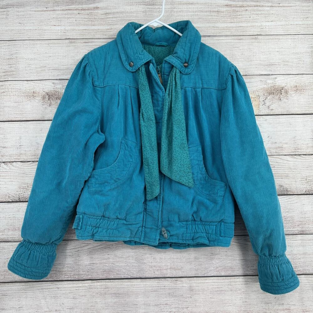 Vintage Women’s Teal Corduroy Jacket with Scarf Detail
